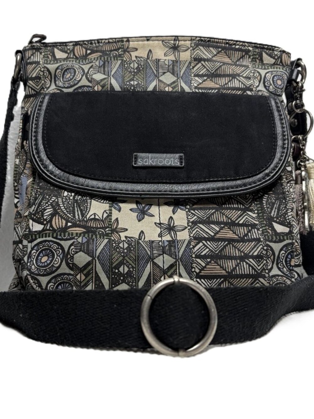 Sakroots Artist Circle Flap Crossbody Purse Cornflower Blue Patchwork Owl Charm